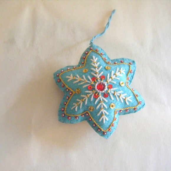 Blue Embroidered Fabric Star Snowflake Ornament - Picture 2 of 5